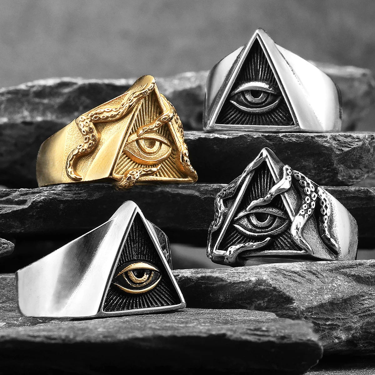 Freemason Illuminati Triangle Masonic Stainless Steel Mens Rings Punk for Male Boyfriend Biker Jewelry Creativity Gift Wholesale