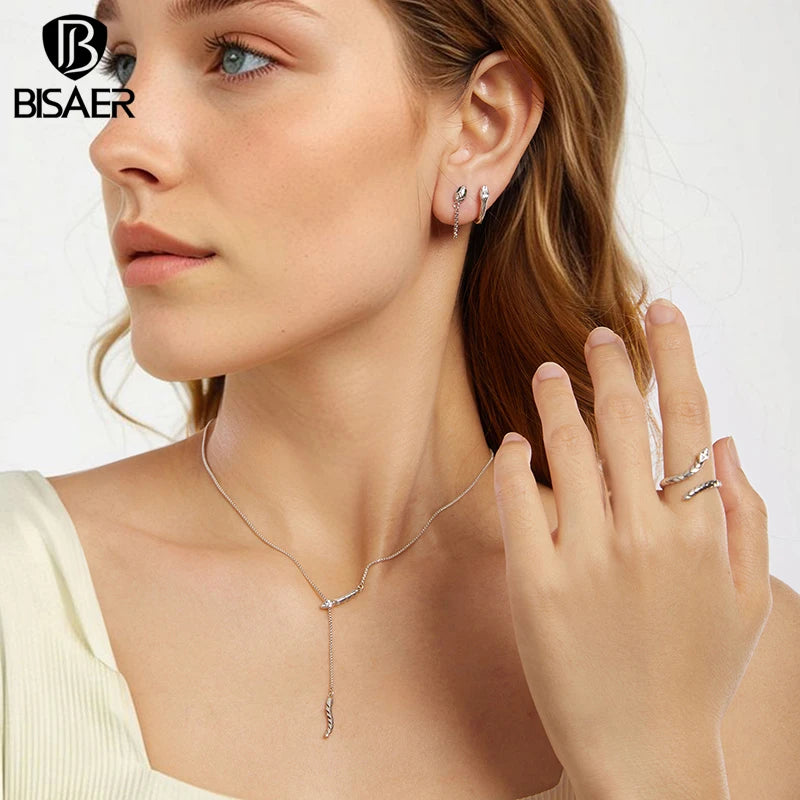 BISAER 925 Sterling Silver Snake Hoop Earrings Retro Textures Stud Earring for Hip Hop Women Party Original Fine Jewelry EFE1149