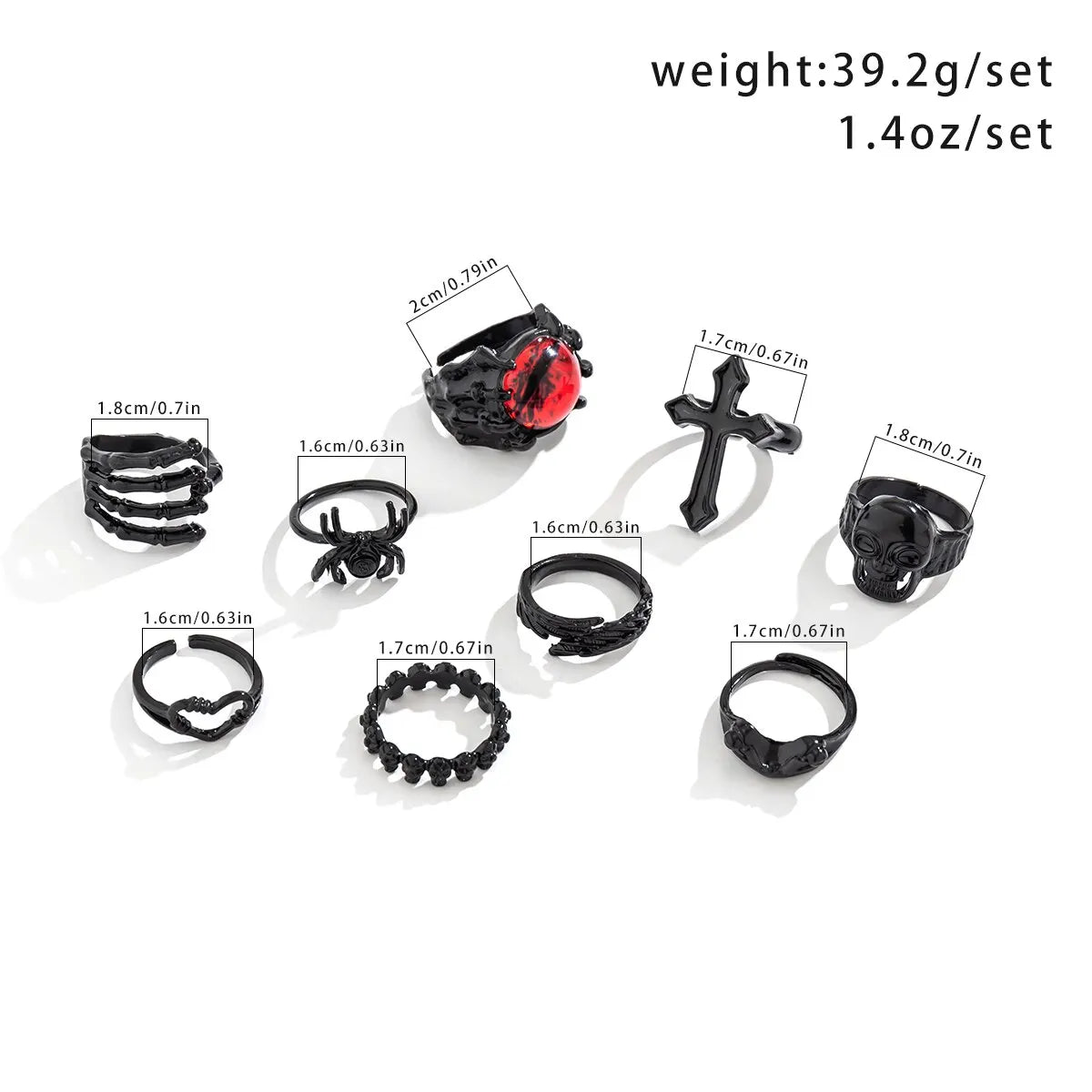 9Pcs/Set Goth Black Devil Eye Skull Spider Palm Rings for Women Vintage Cross Jesus Love Heart Rings Halloween Jewelry Gift New