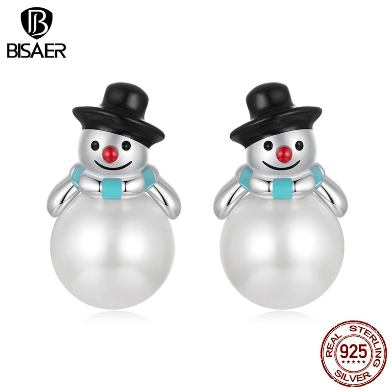 BISAER 925 Sterling Silver Cute Snowman Pearl Stud Earrings Enamel Process Plated White Gold for Women Fine Jewelry Holiday Gift