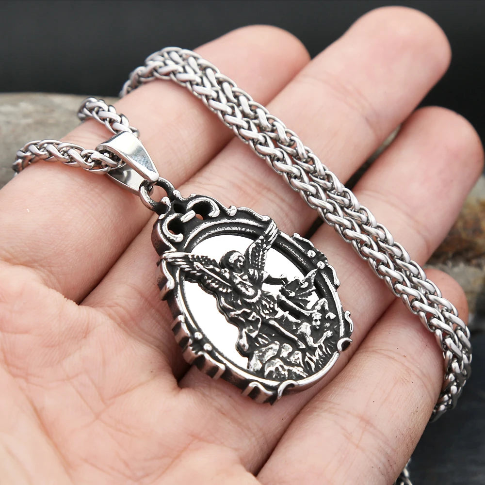 Gothic Vintage Stainless Steel Patron Mirror With Saint Michael Pendant Necklace For Men Women Fashion Cool Jewelry Dropshipping