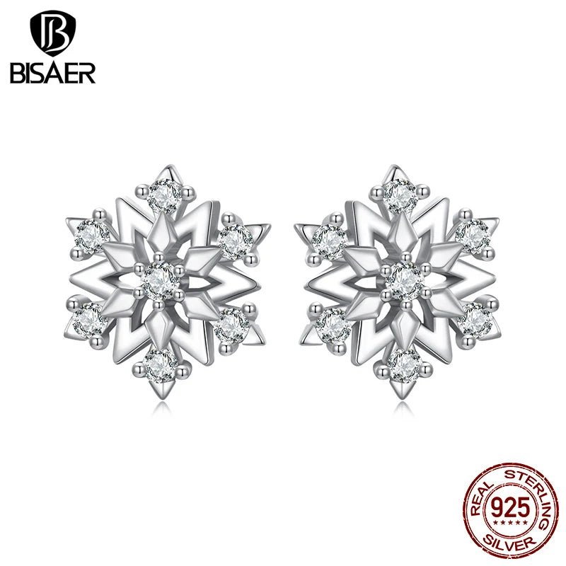 BISAER 925 Sterling Silver Snowflake Stud Earrings Sparkling Zircon Earrings Plated White Gold for Women Party Fine Jewelry Gift