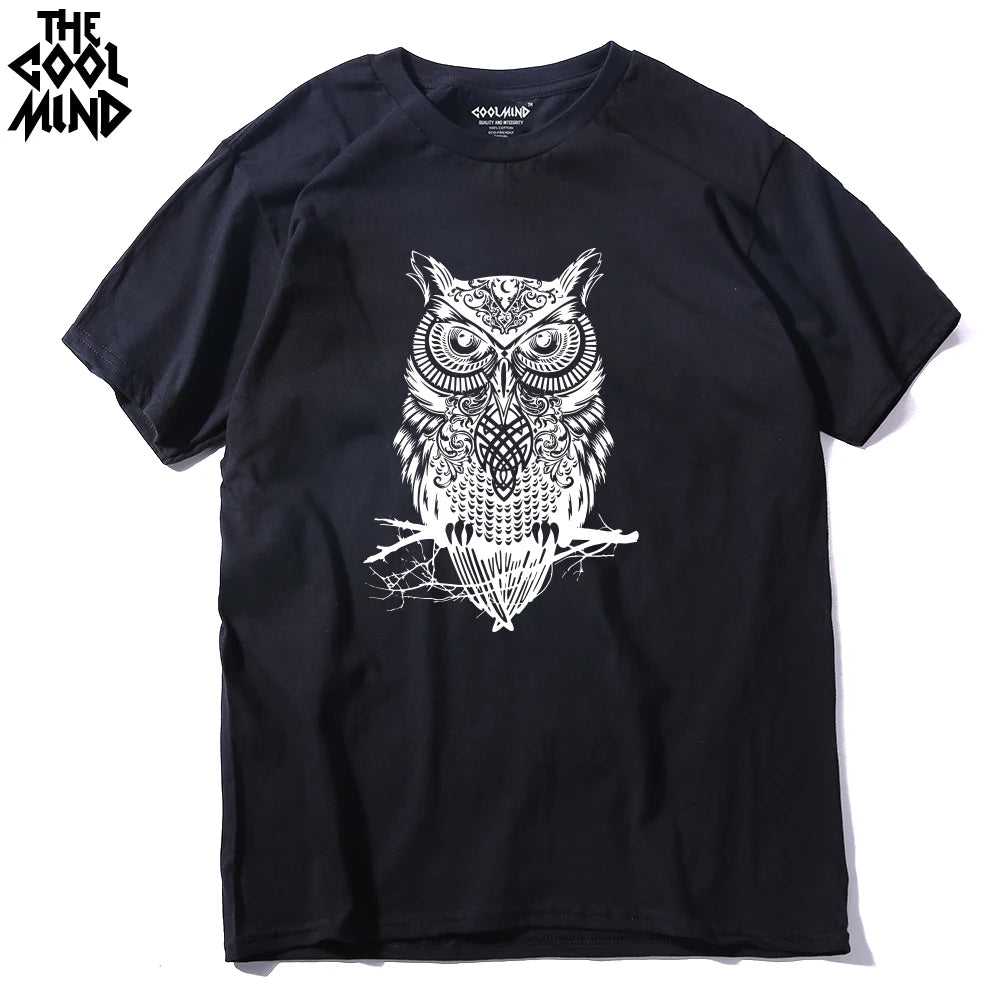 THE COOLMIND Top Quality Cotton Casual Short Sleeve Casual o-neck Loose OWL Printed Men T Shirt