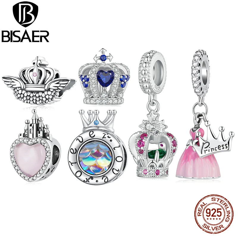 BISAER - Colgante de plata de ley 925 con forma de corona de princesa, diseño de corazón rosa y castillo, para pulseras románticas DIY, joyería fina