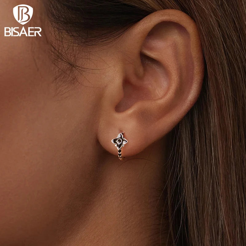 BISAER Real 925 Sterling Silver Vintage Nightfall Flower Stud Earring Black Enamel Process Stud Ear For Woman Party Fine Jewelry