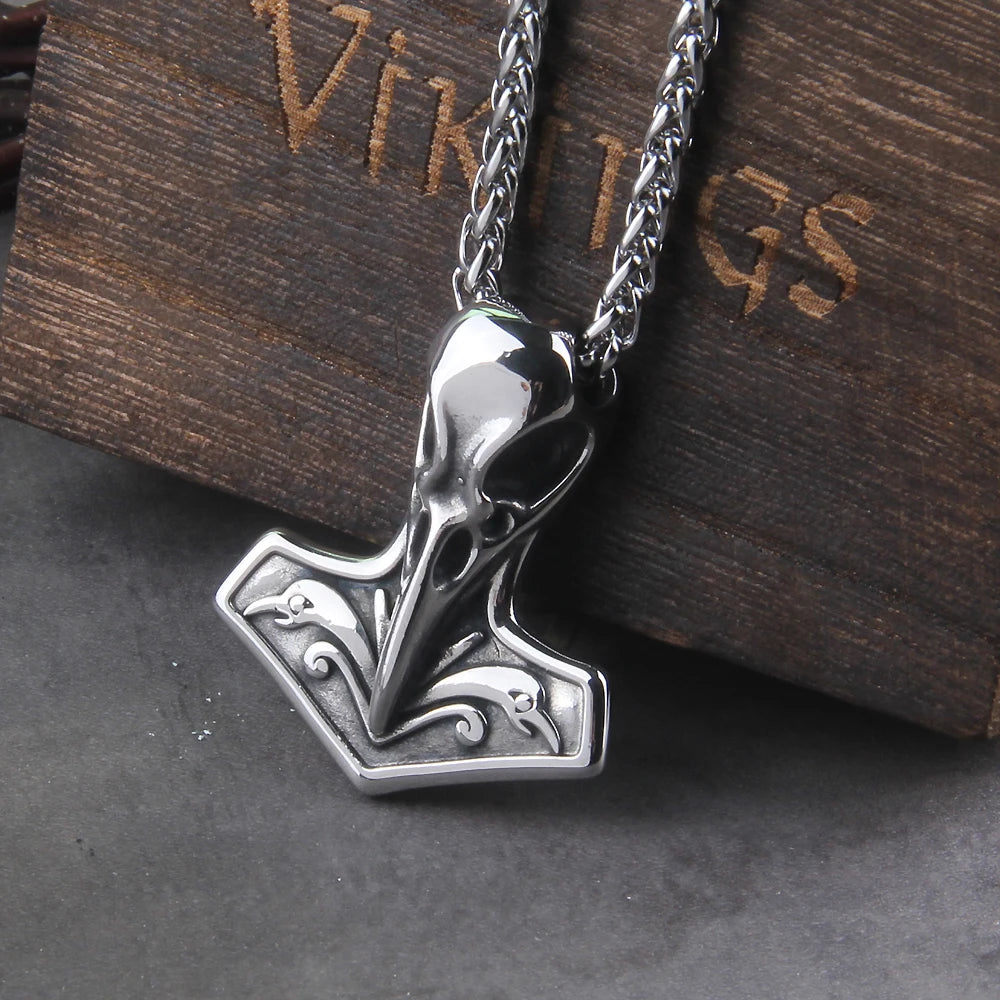 Fashion Valknut Viking Thor's Hammer Pendant Necklace With keel Chain As Men Gift with wooden box