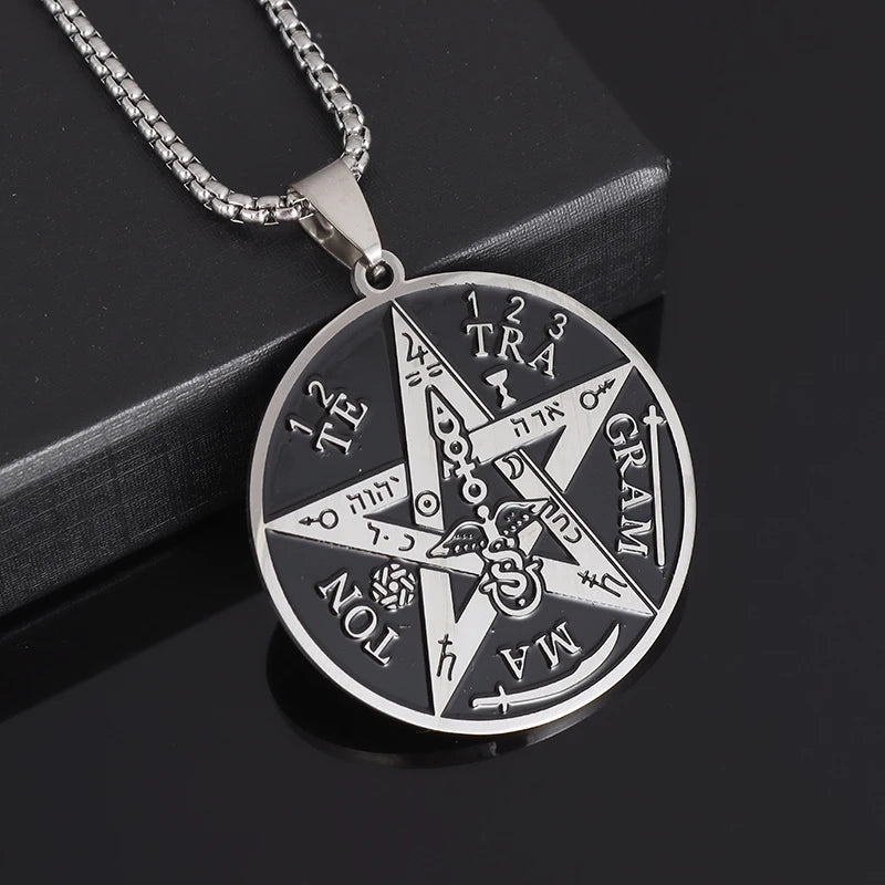 Retro Gothic Snake Coiled Pentagram Pendant Necklace for Mens Cycling Jewelry Punk Rock Exorcism Amulet