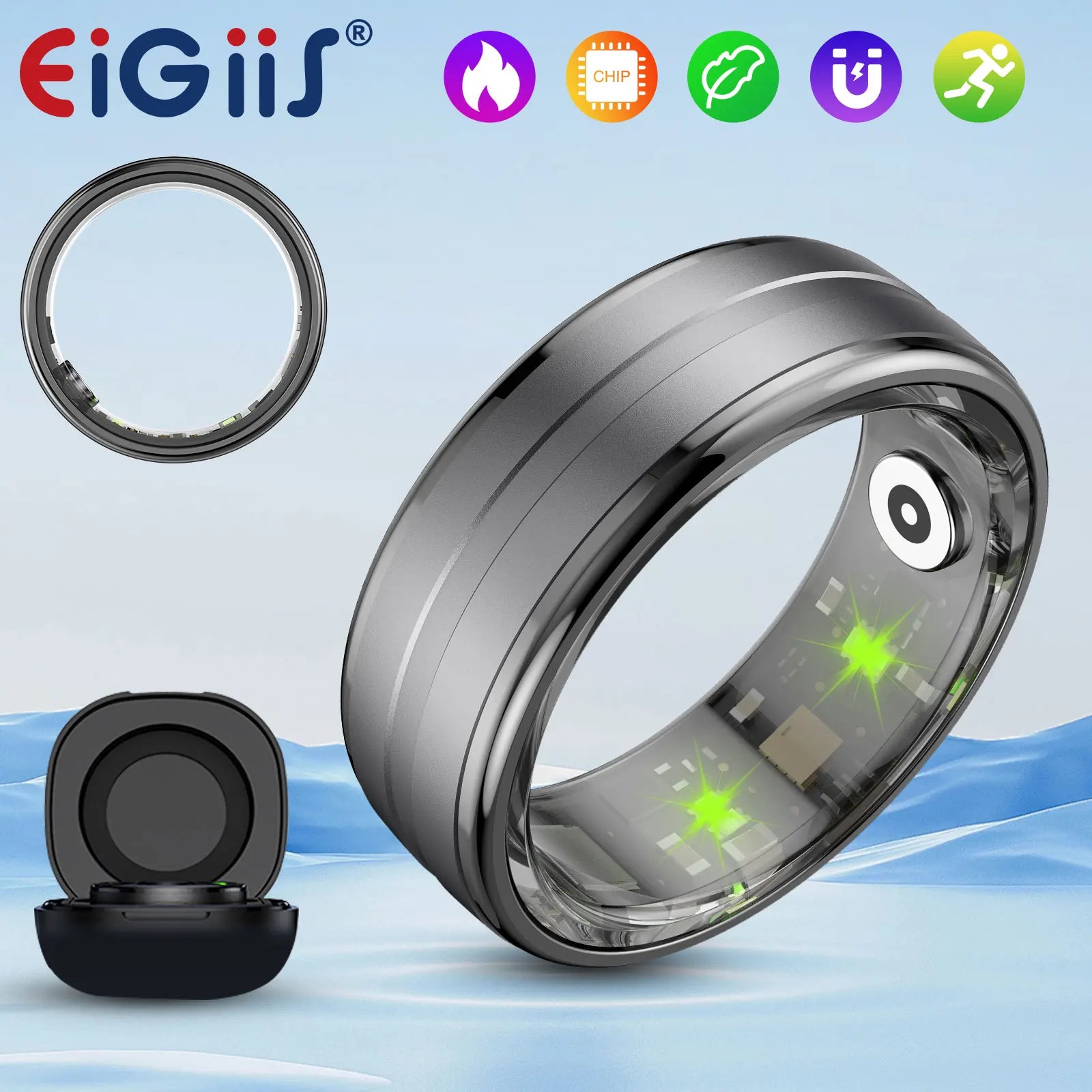 EIGIIS New Smart Ring Men Women, Heart Rate and Blood Oxygen Monitor, IP68 & 5ATM Waterproof, Multi-sport Mode for Android IOS