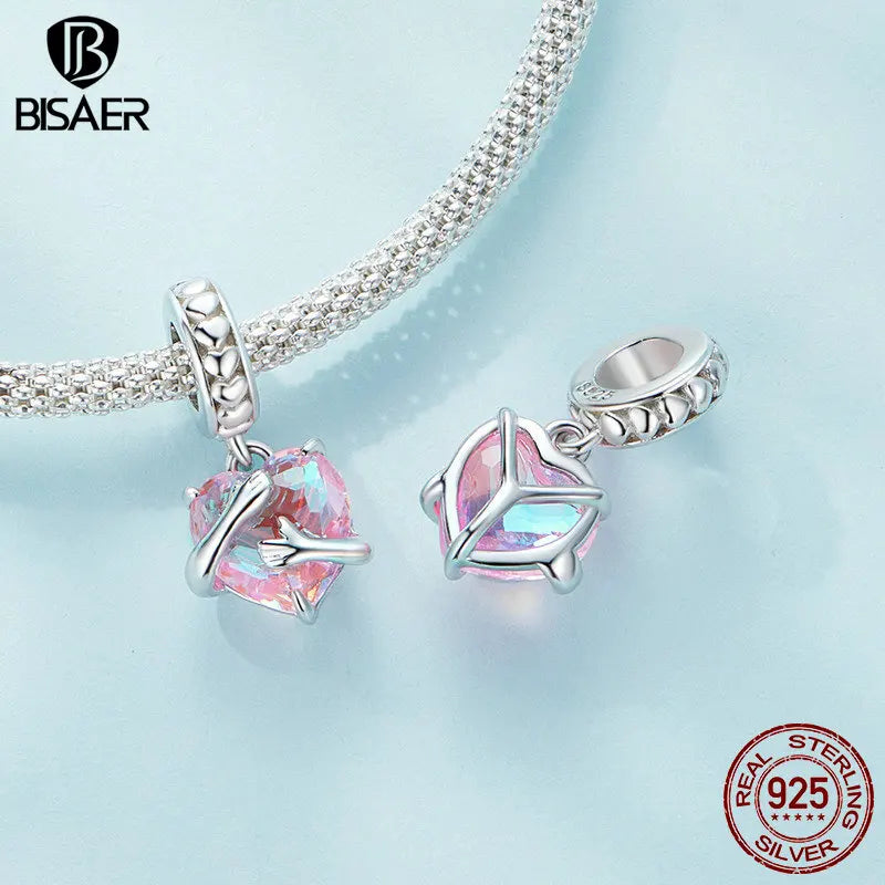 BISAER 925 Sterling Silver Pink Bear Charm Bead Hug Heart Mermaid Tail Pendant Fit Romantic Girl DIY Bracelet Fine Jewelry Party