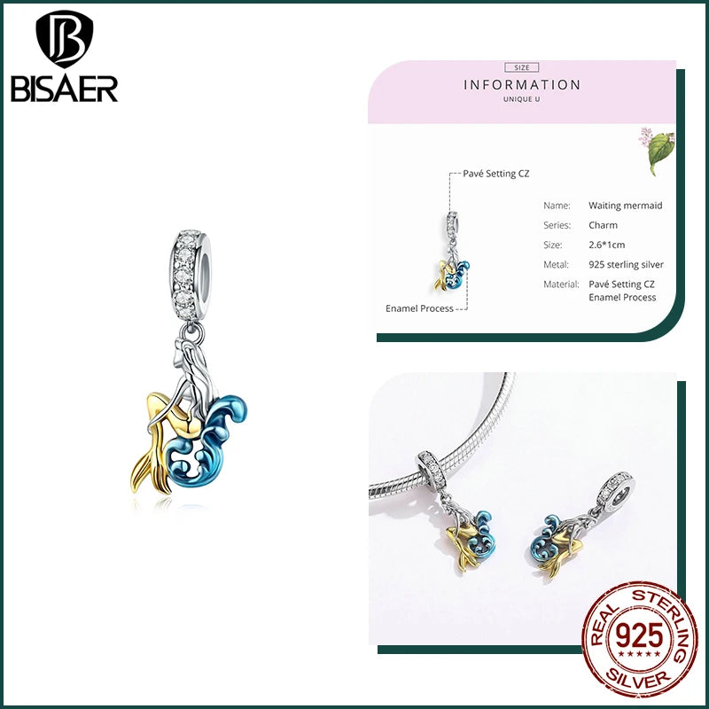 BISAER 925 Sterling Silver Pink Blue Glass Pendant Bow Beads Charm Plated Platinum for Necklace & Bracelet DIY Fine Jewelry Gift