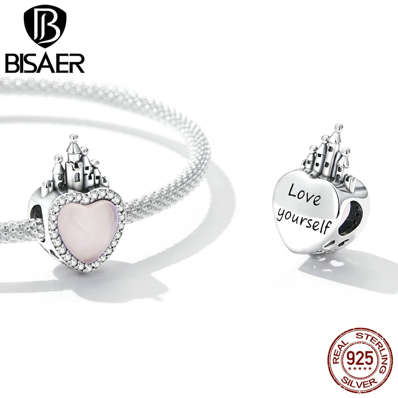 BISAER 925 Sterling Silver Princess Crown Charm Bead Pink Heart Bow Castle Pendant For Romantic Women DIY Bracelets Fine Jewelry