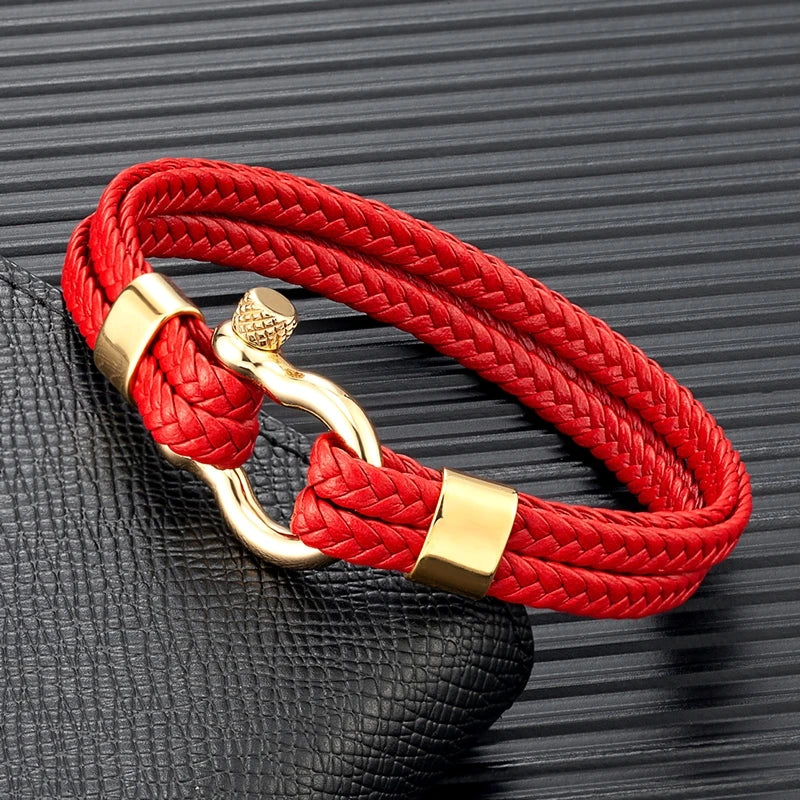 Men Multilayer Woven Leather Bracelet Fashion Stainless Steel Horseshoe Shackle Buckle with Screw Bracelet Jewelry for Women