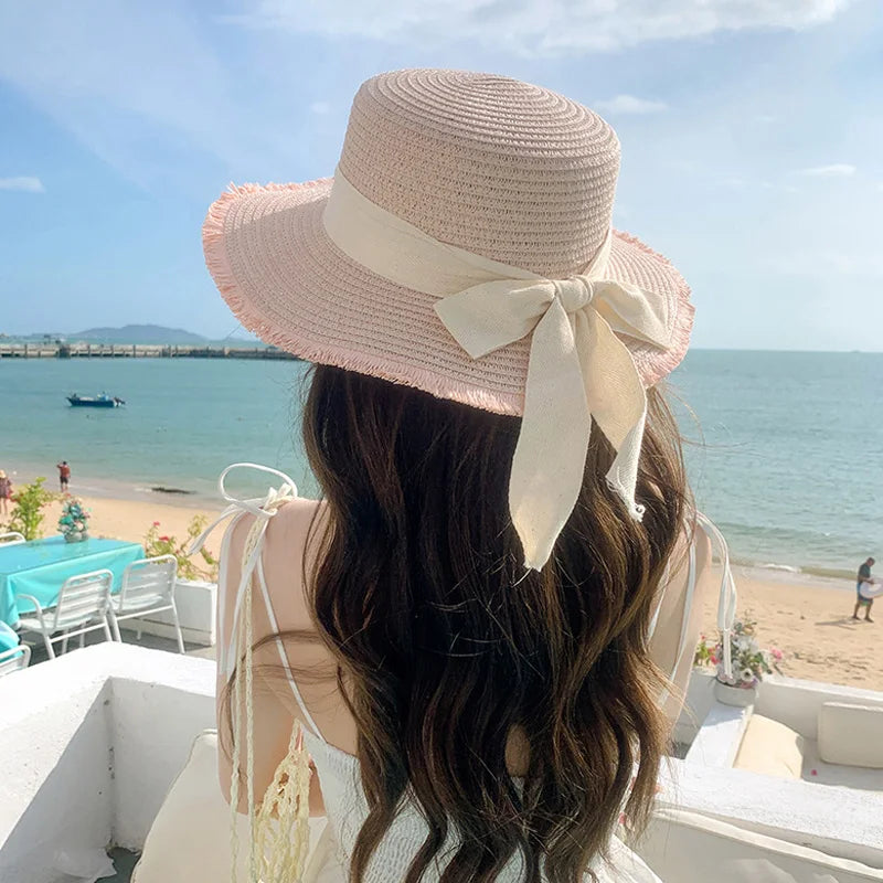 Bow Ribbon Straw Cover Cap Women Wide Brim Soft Top Sun Protection Hat Summer Sunshade Visors Female Vacation Beach Accessories