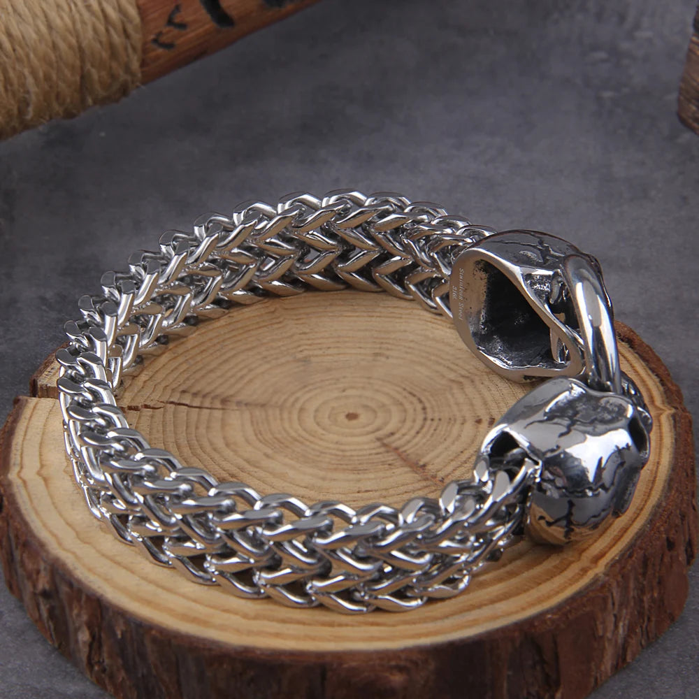 Stainless Steel Nordic Double Wolf Head Bracelet Men's Retro Punk Mesh Chain Animal Bracelet Hip Hop Rock Trend Jewelry