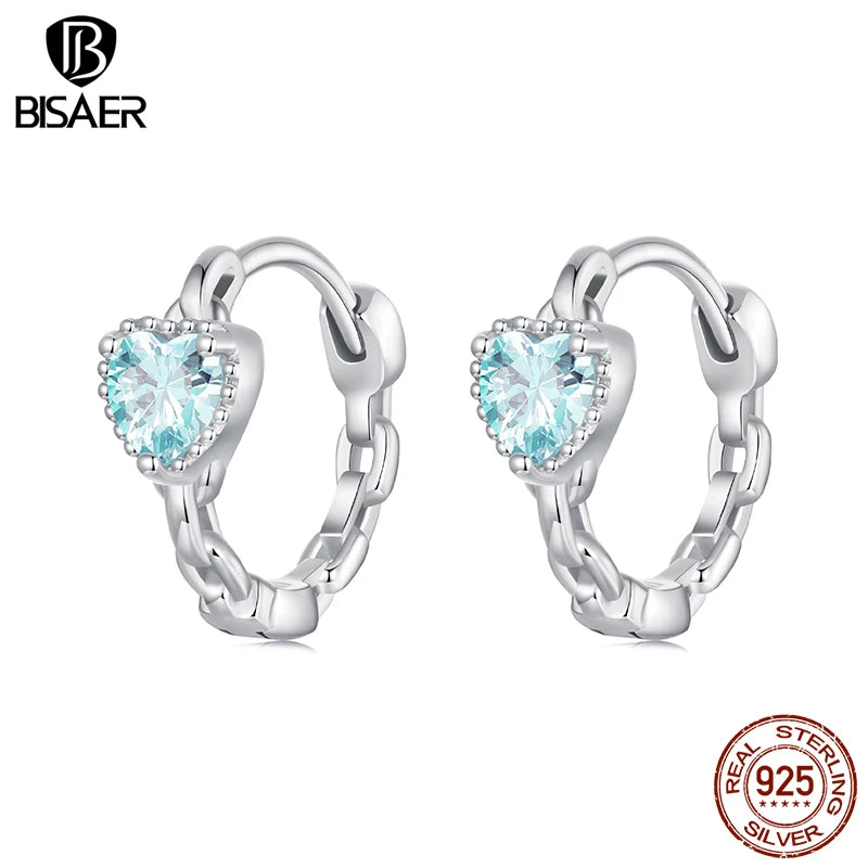 BISAER 925 Sterling Silver Aquamarine Heart Hoop Earring Round Circle Stud Ear Plated White Gold For Woman Party Fine Jewelry