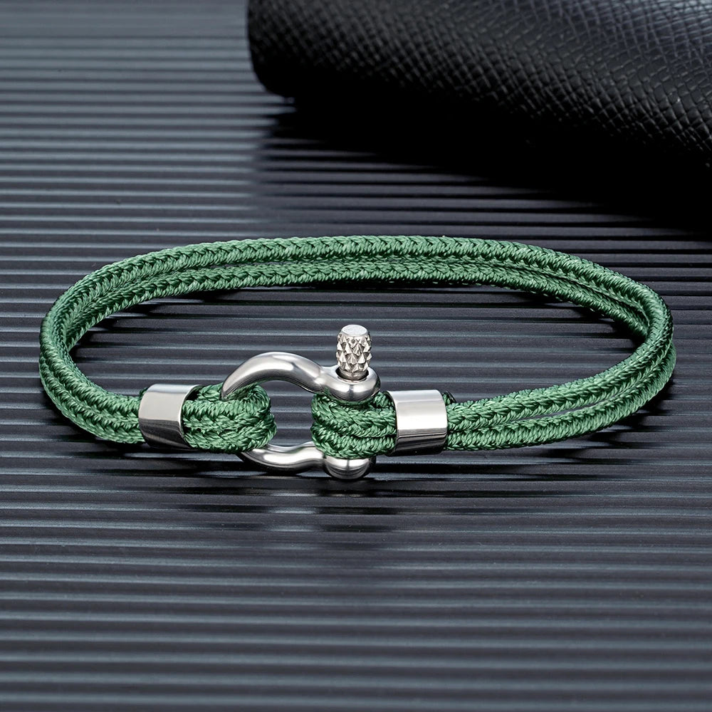 MKENDN Bean Paste Green Braided Rope Bracelet Stainless Steel Mini Horseshoe Shackle with Screws Bracelets for Men Women Gifts