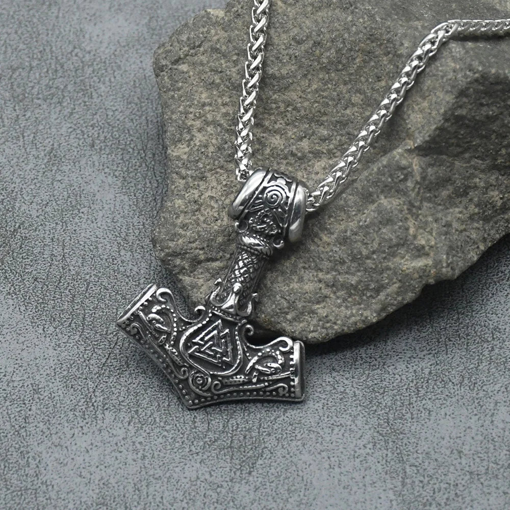 Norse Rune Viking Valknut Pendant Necklace Men Vintage Stainless Steel Mjolnir Thor's Hammer Talisman Jewelry