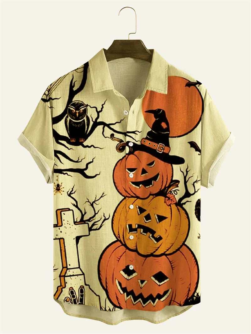 Men's Fashion Halloween Shirt Summer Cute Style Men's Clothing Party Holiday Men Top Pumpkin Head Print Boys' Short Sleeve Shirt