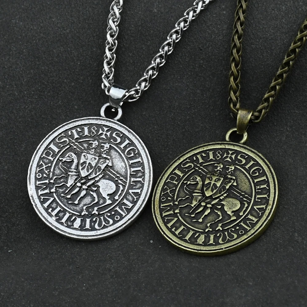 Viking Double War Horse Greek Latin Amulet Jewelry Knights Templar Exquisite Commemorative Seal Pendant Necklace