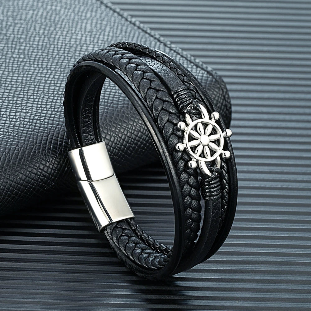 MKENDN Fashion Men Anchor Rudder Bracelet Woven Multilayer Braided Leather Bracelets For Women Stainless Steel Jewelry Gifts