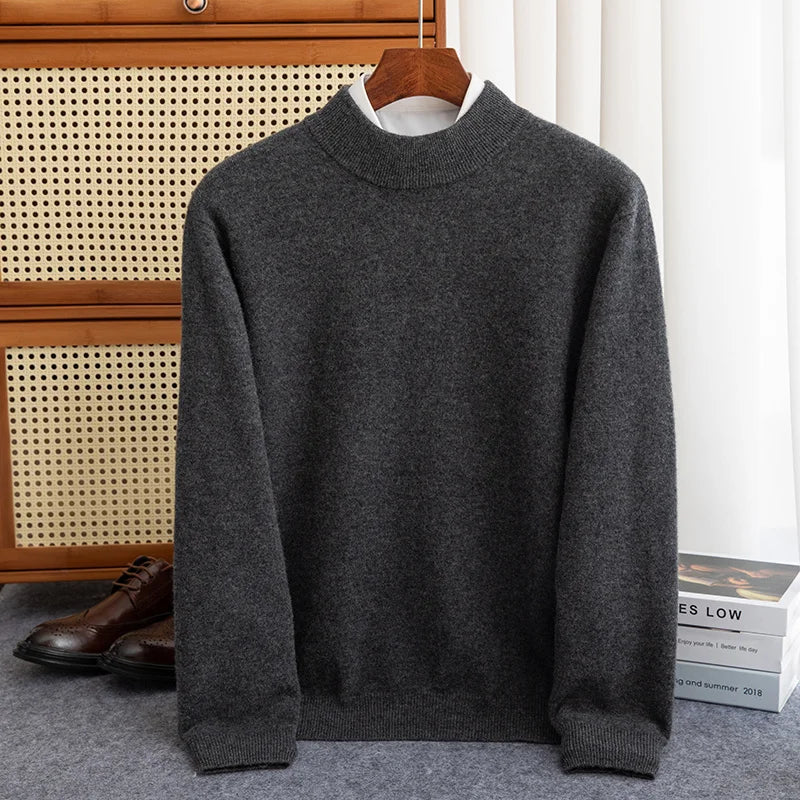 New Fashion Men's 100% Wool Pullover Half-high Collar Sweater Autumn Winter Warm Solid Color Knit Sweater Business Casual Top