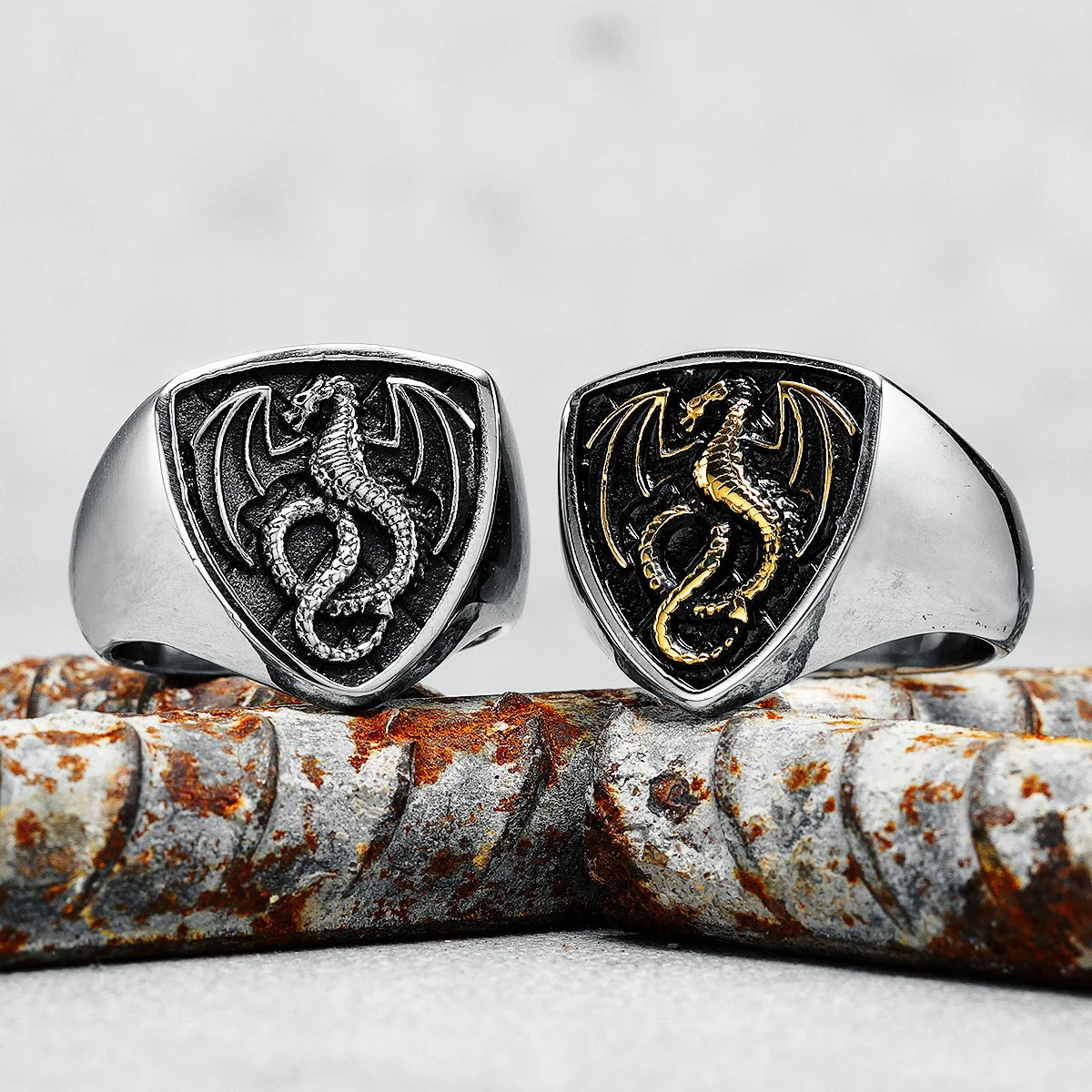 Bague Dragon Shield en acier inoxydable 316L pour homme, anneau rock punk, mythe nordique pour motard, bijoux pour petit ami, meilleur cadeau créatif et rétro