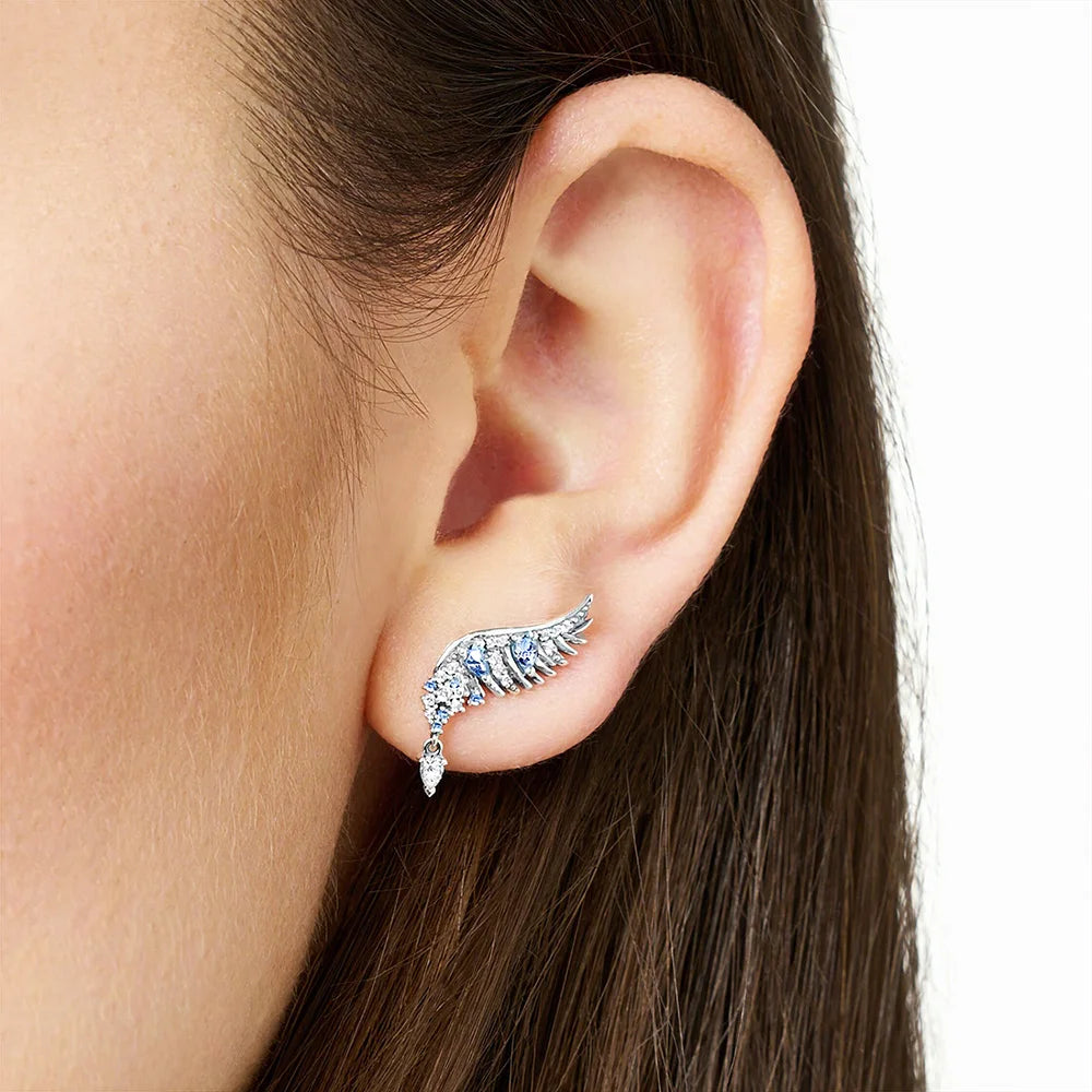 Phoenix Wing with Blue Stones Ear Studs Europe Fine Jewerly For Women Bohemia Gift In Solid 925 Sterling Silver