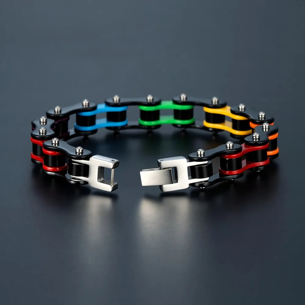 Locomotive Punk Pride Bracelet Black Stainless Steel Enamel Rainbow LGBT Bicycle Chain Bracelet For Gay Lesbian Couple Gifts