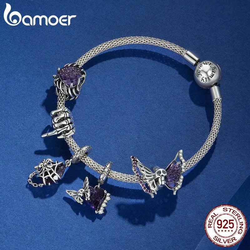 Bamoer 925 Sterling Silver Halloween Series Skeleton Beads Butterfly Skull Charms for Women Bracelet & Bangle DIY Fine Jewelry