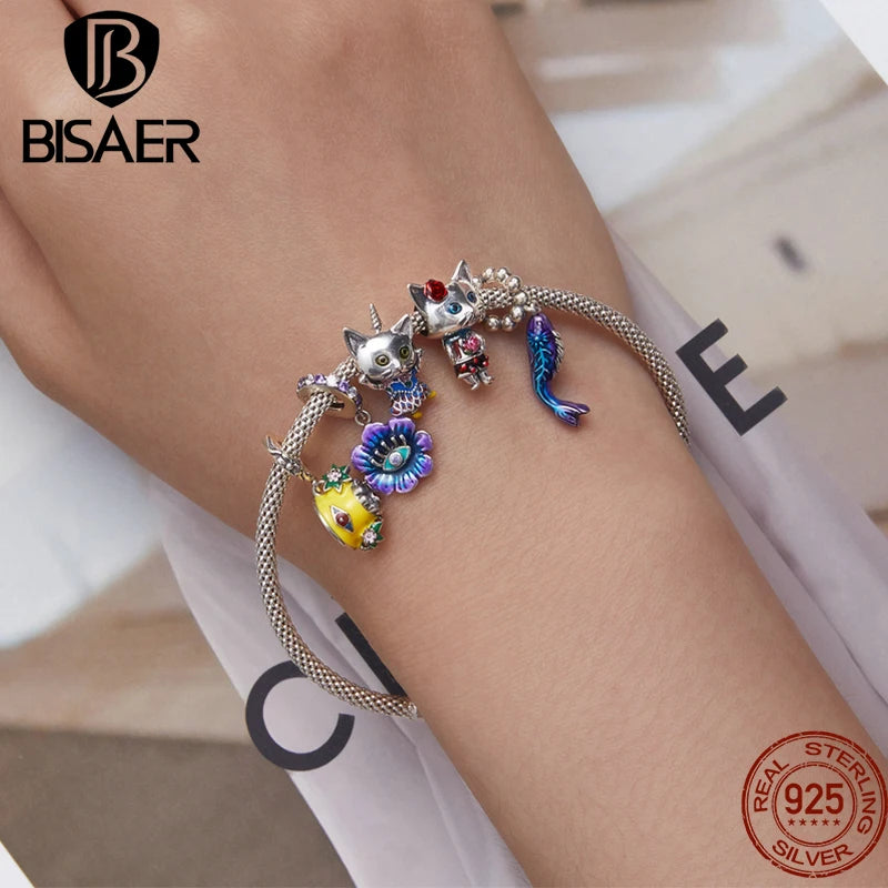 BISAER 925 Sterling Silver Dragon Scale Charm Colorful Gradient Carp Devil Flower Fish Cat Pendant Fit Bracelet DIY Fine Jewelry