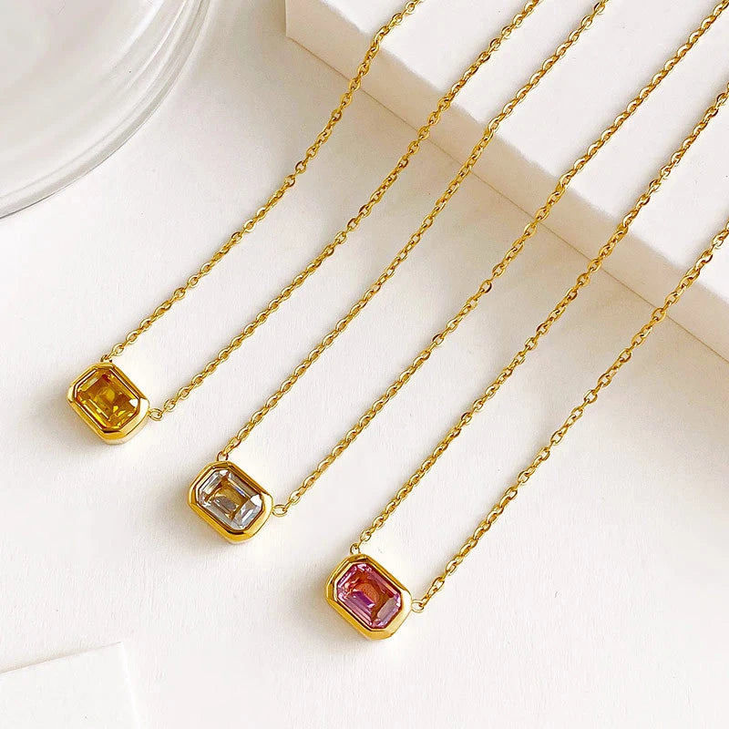 Exquisite PVD 16K Gold Plated Stainless Steel Yellow Pink Cubic Zirconia Square Pendant Necklaces for Women Waterproof Jewelry