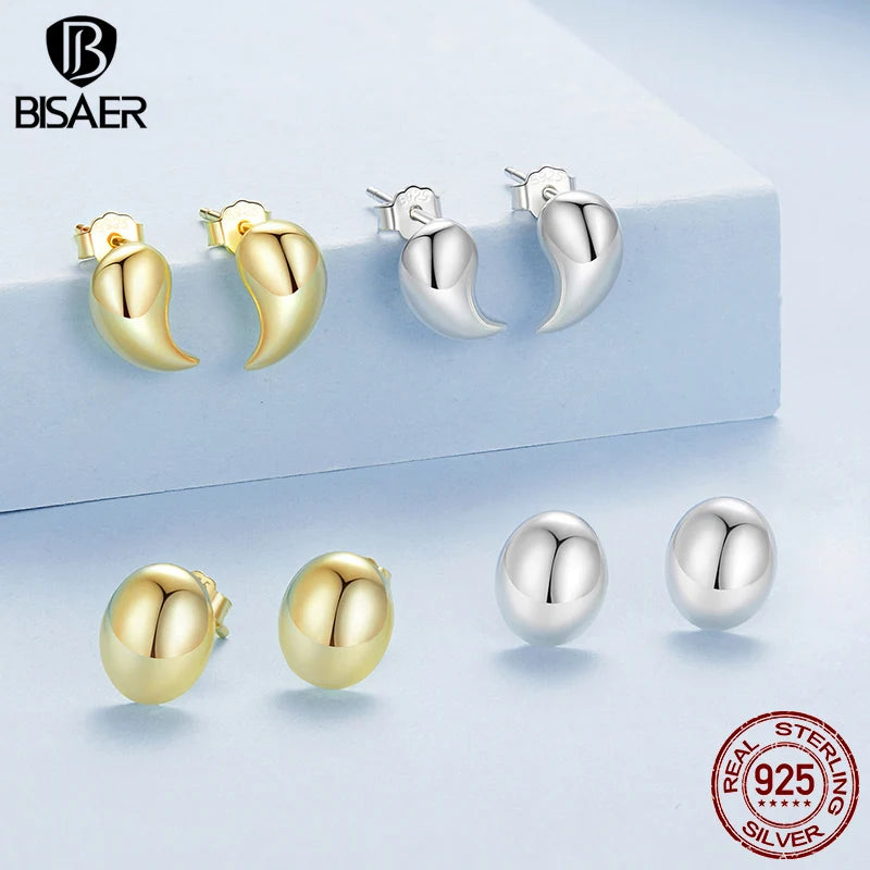 BISAER 925 Sterling Silver Teardrop Stud Earrings Gold Ball Hypoallergenic Earrings Plated 18K Gold for Women Party Fine Jewelry