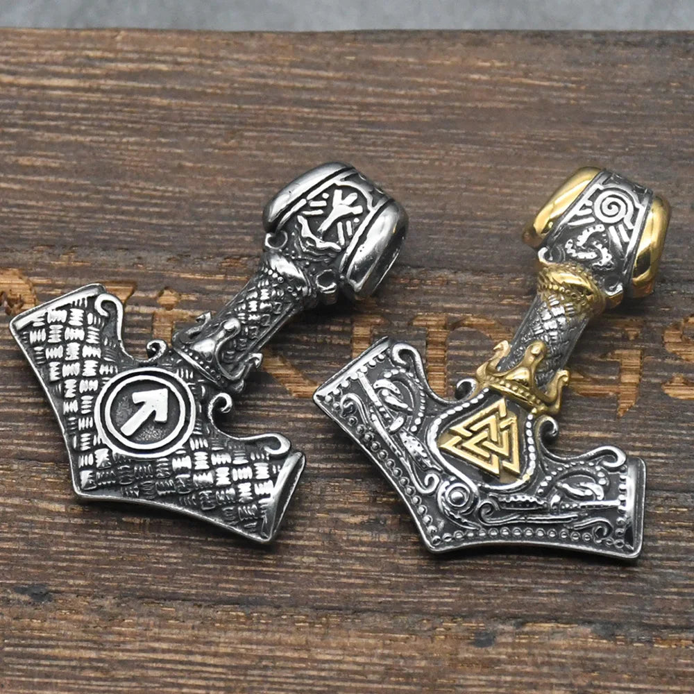 Norse Rune Viking Valknut Pendant Necklace Men Vintage Stainless Steel Mjolnir Thor's Hammer Talisman Jewelry