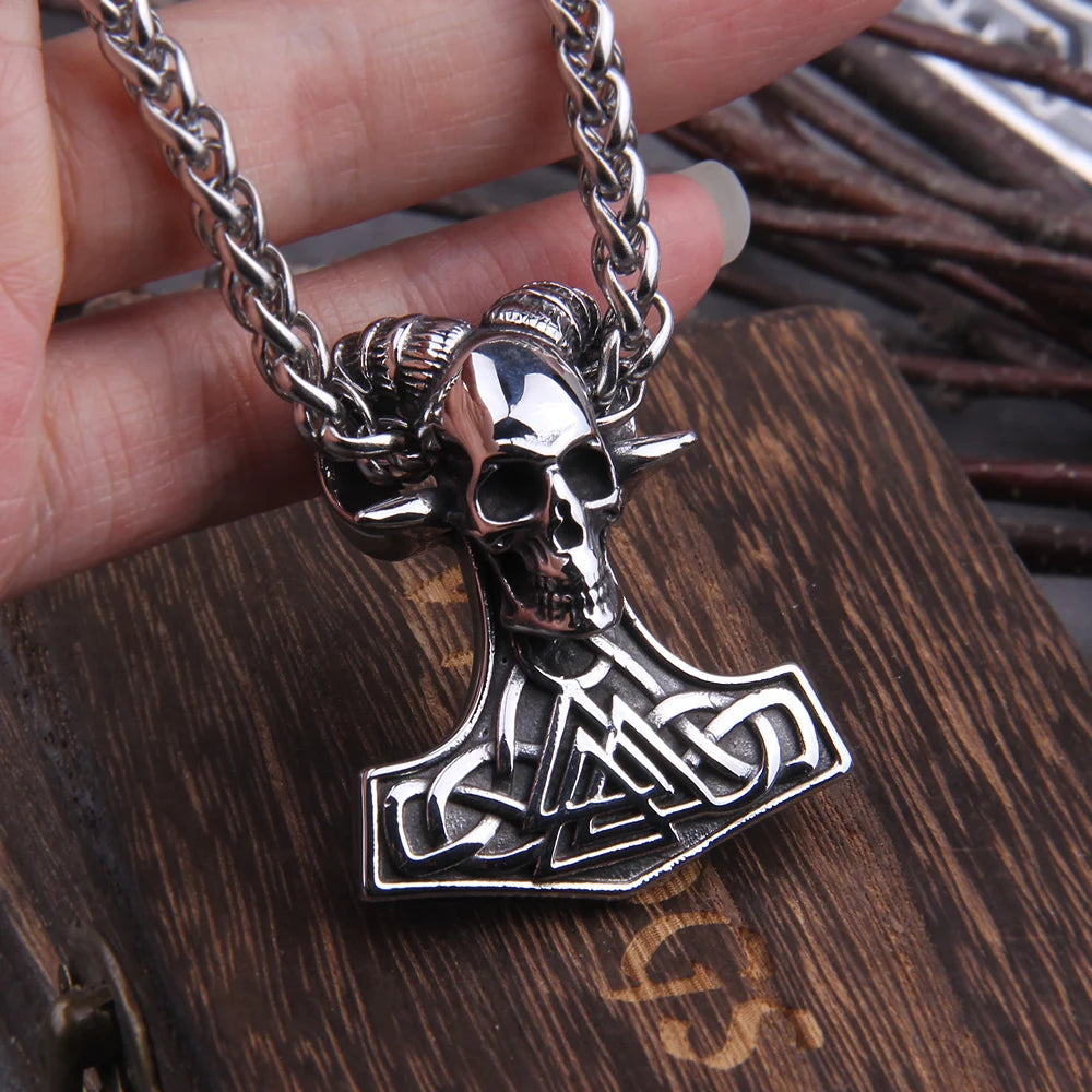 Fashion Valknut Viking Thor's Hammer Pendant Necklace With keel Chain As Men Gift with wooden box