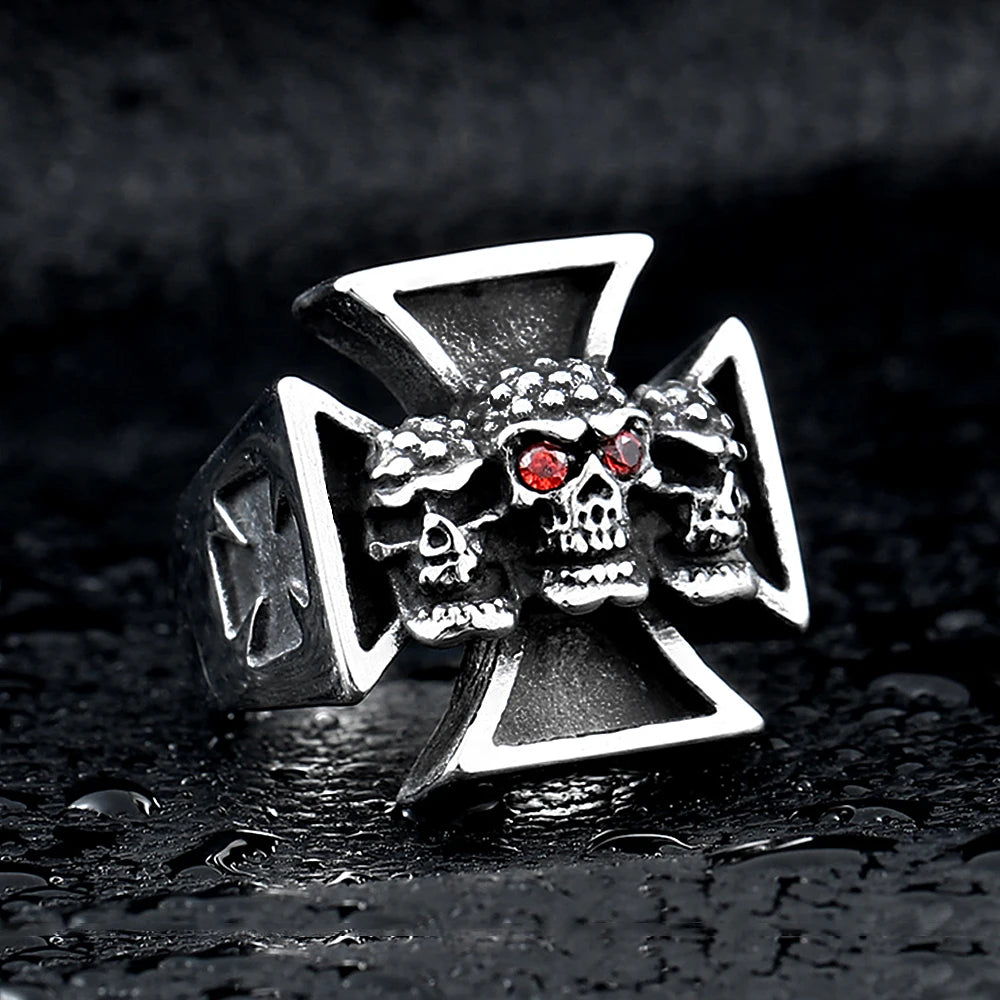 Punk Vintage Drei Schädel Eisernes Kreuz Ringe Für Männer Junge Gothic Rock Edelstahl Rot Stein Ring Hip Hop Biker Schmuck Großhandel