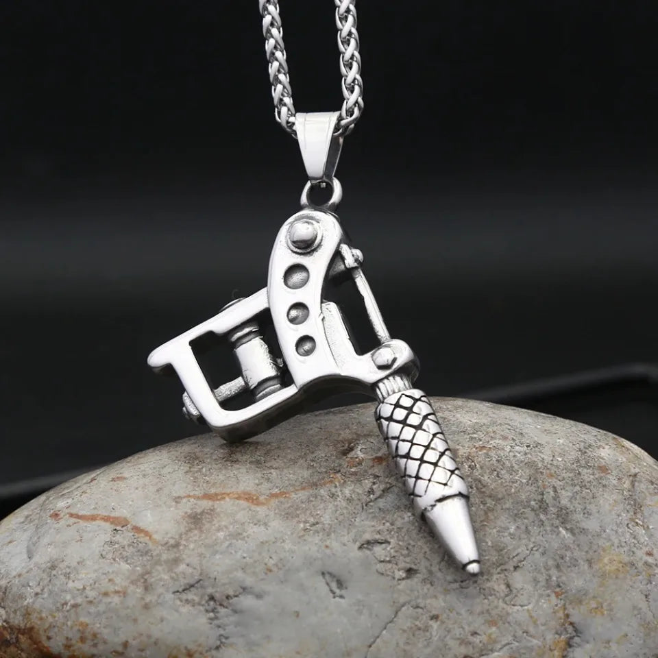 Vintage Stainless Steel Tattoo Machine Tool Pendant Necklace For Men Women Punk Hip Hop Tattoo Artist Gifts Jewelry Accessories