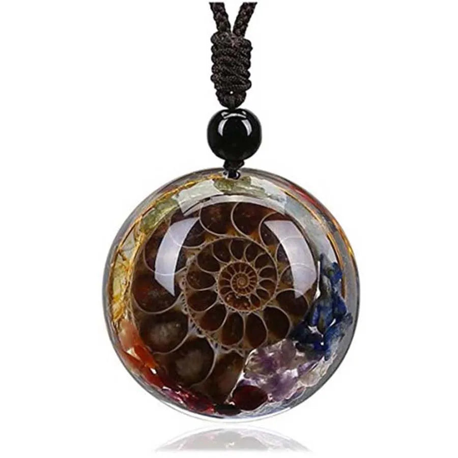 Natural Healing Crystal 7 Chakra Reiki Round Circle Shape Ammonite Resin Chip Stone Pendant Necklace Women Men Christmas Gifts