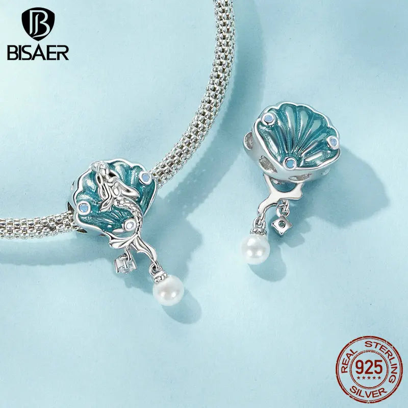 BISAER Perle de charme coquillage ouvrable en argent sterling 925 en forme de sirène plaquée or blanc pour bracelet à faire soi-même pour femme