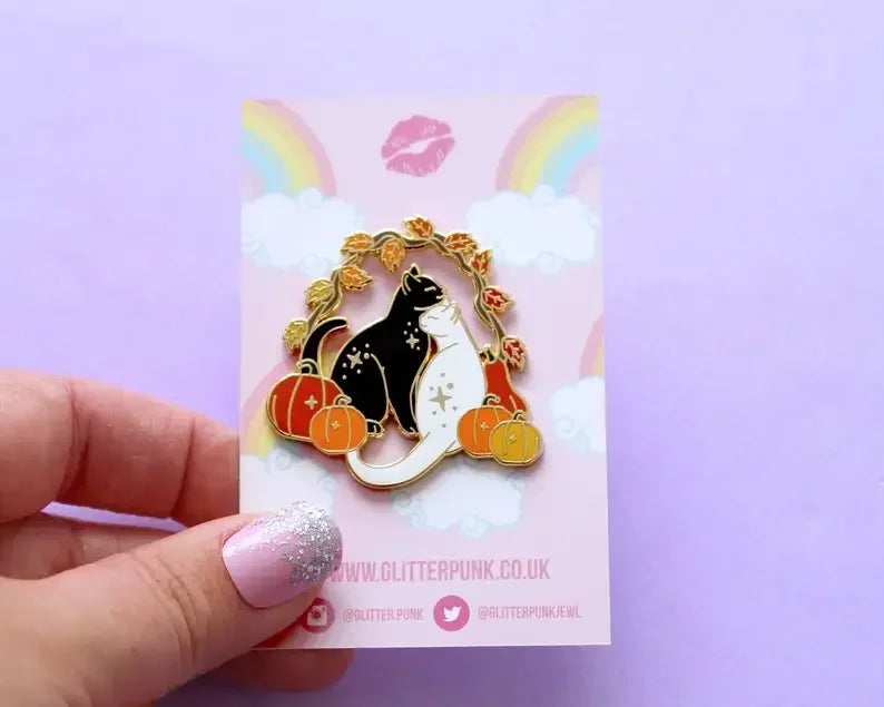 Pumpkin & Cats Enamel Pin / Autumn Fall Brooch for Halloween