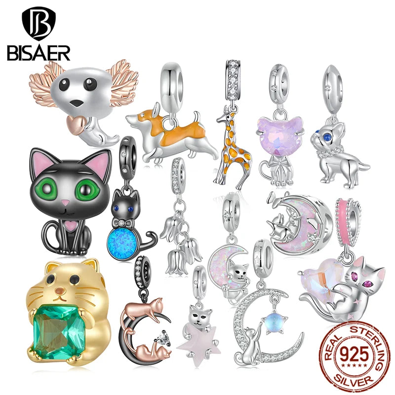 BISAER 925 Sterling Silver Black Cat Charm Beads Salamander French Bulldog Pendant for Women DIY Bracelet Necklace Fine Jewelry