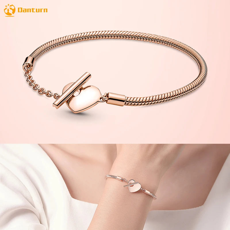 Danturn 925 Silver Heart Infinity Wishbone Heart Blue Disc Fan Clasp Heart T-Bar Multi Snake Chain Bracelets