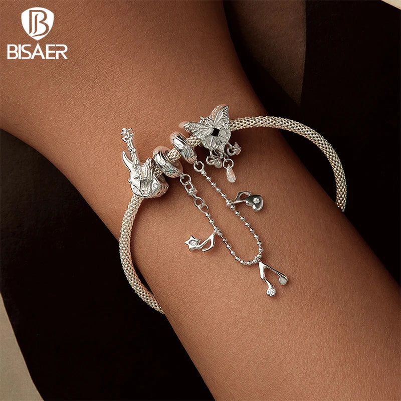 BISAER 925 Sterling Silver Cross Butterfly Pendant Skull Hand Bass Rock Music Charms Beads Fit Woman DIY Bracelet Fine Jewelry