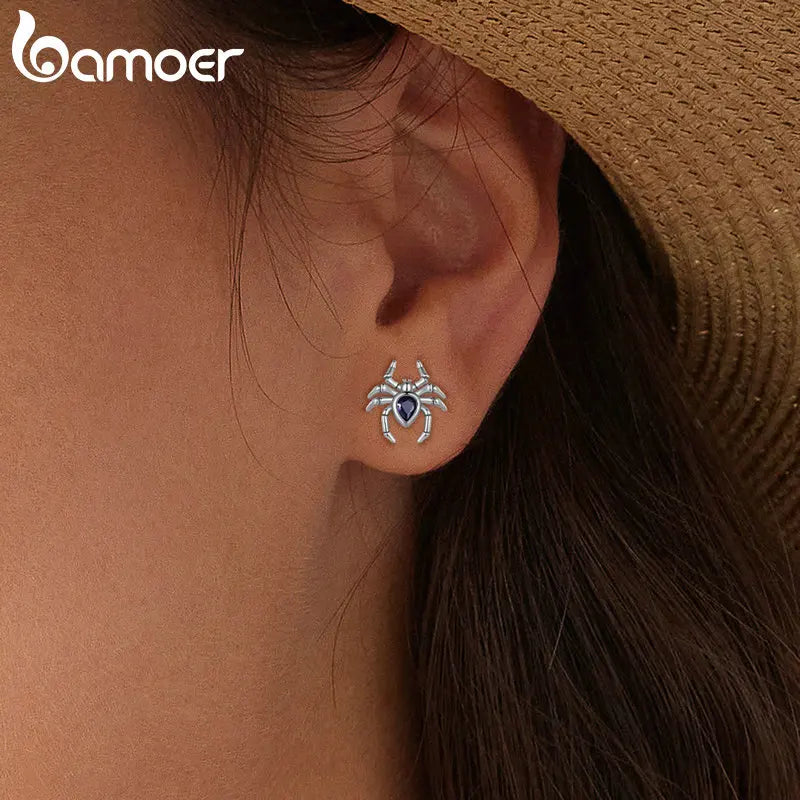 BAMOER Minimalist 925 Sterling Silver Spider Stud Earrings Cute Insect Earrings Pave Setting CZ Women Halloween Jewelry Gift