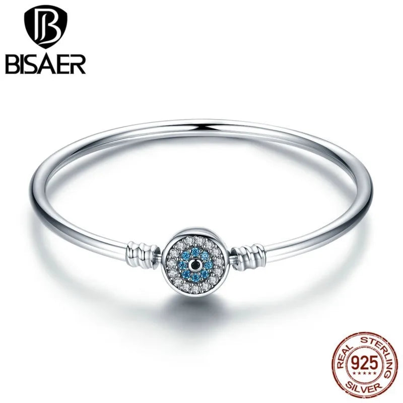 BISAER 925 Sterling Silber Dämon Auge Armbänder Blau Bösen Augen Armreifen Pflastern Einstellung Zirkon 17-21CM für Frauen Party edlen Schmuck