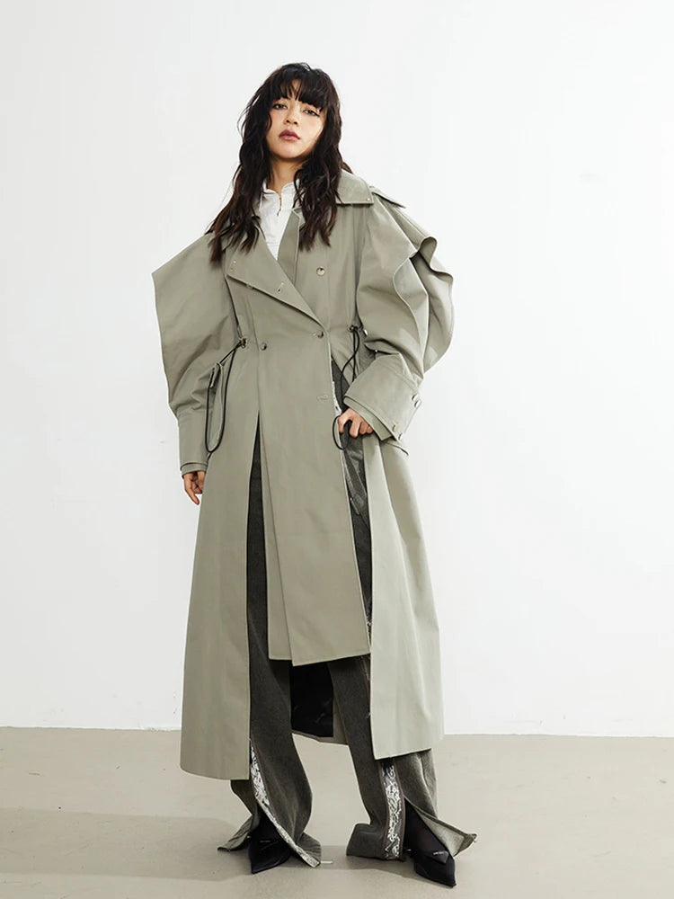 PlusizeShe Printemps Automne Long Élégant Chic Trench Coat pour Femmes avec Cordon de Serrage à la Taille Double Boutonnage Vêtements de Créateur de Luxe