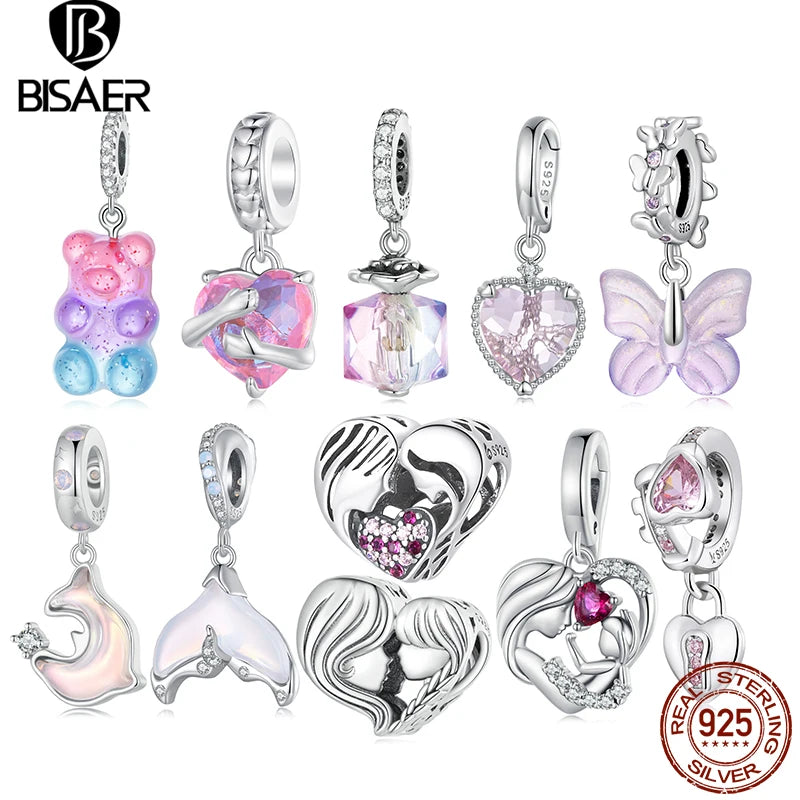 BISAER 925 Sterling Silver Pink Bear Charm Bead Hug Heart Mermaid Tail Pendant Fit Romantic Girl DIY Bracelet Fine Jewelry Party