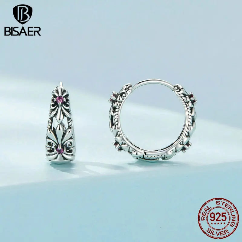 BISAER 925 Sterling Silver Vintage Iris Ear Buckles for Lucky Women Purple Zircon Flower Hoop Earrings Original Fine Jewelry