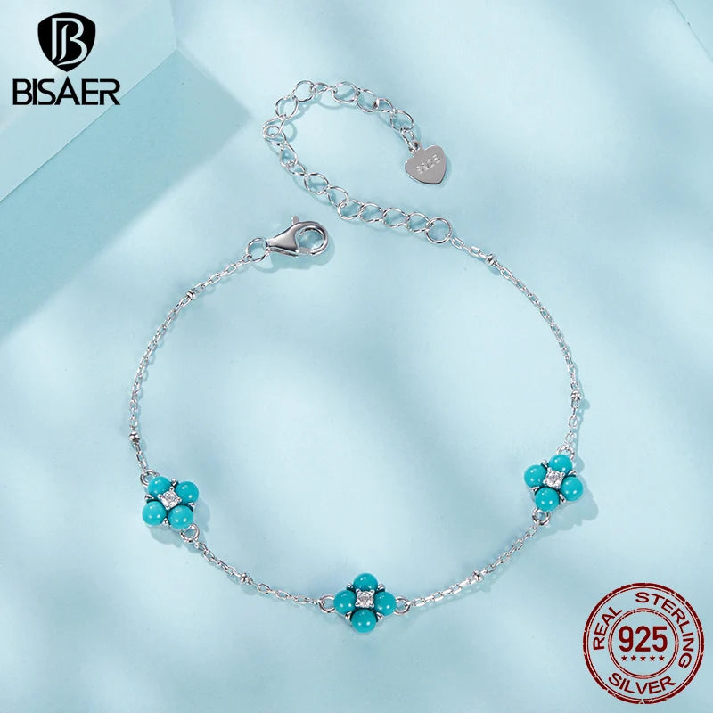 BISAER Bracelet trèfle turquoise en argent sterling 925 chaîne à breloque réglable plaquée or blanc pour femme fête bijoux fins cadeau