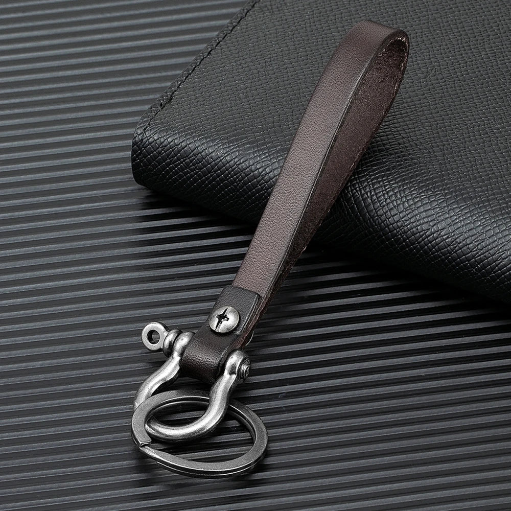 MKENDN Creative Retro Alloy Carabiner Hook Nautical Shackle Hook Full Grain Cow Leather Strap Holder Keychain Keyring FOB Gift