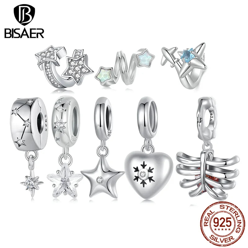 BISAER 100% 925 Sterling Silver Star Charm Vajra Heart Snowflake Pendant Dark Rib Bead for Women DIY Bracelet Jewelry ECC2976